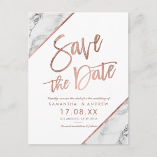 Carte Postale Faire-part Rose gold marbre écriture blanc save the date