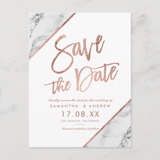 Carte Postale Faire-part Rose gold marbre écriture blanche save the date (Devant)