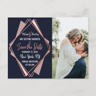 Carte Postale Faire-part Rose Gold Navy Mauve bleue Géométrique Enregistrer