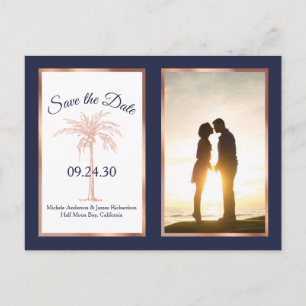 Carte Postale Faire-part Rose Gold Navy Palm Wedding Enregistrer Date Photo