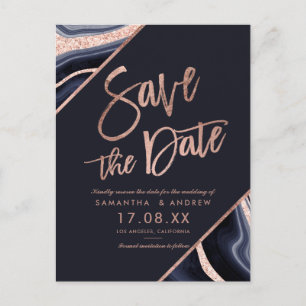 Carte Postale Faire-part Rose gold pailleté agate bleu marine save the date