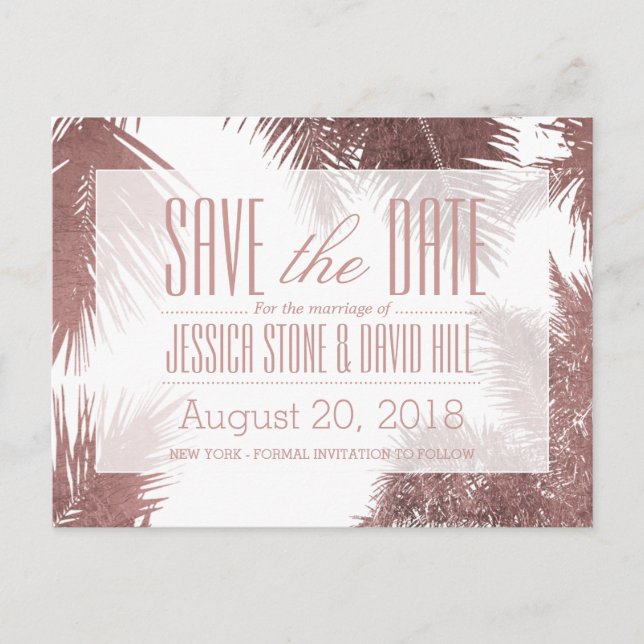 Carte Postale Faire-part Rose Gold Palm Tree Mariage tropical Enregistrer l (Devant)