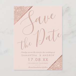 Carte Postale Faire-part Rose gold poudré écriture save the date rose blush
