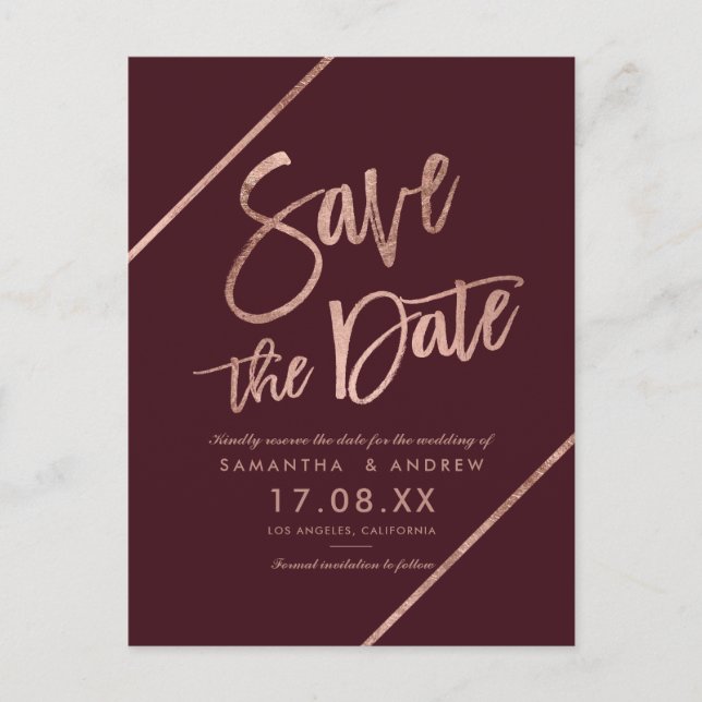Carte Postale Faire-part Rose gold rouge burgundy  script  save the date (Devant)