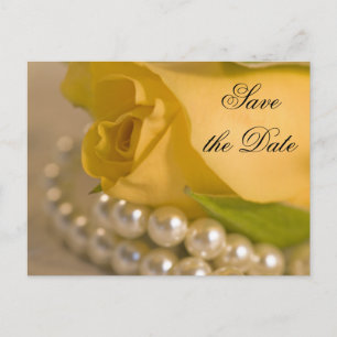 Carte Postale Faire-part Rose jaune et perles blanches sauvez la date
