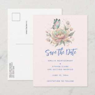 Carte Postale Faire-part Rose Magique et Papillon Couleurs Pastel de Mariag