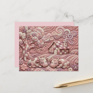 Carte Postale Faire-part Rose Poussiéreux Charme Patchwork Pastoral Vache 