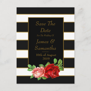 Carte Postale Faire-part Rose rouge, noir, blanc et rayure d'or -