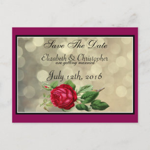 Carte Postale Faire-part Rose rouge sur Golden Bokeh Wedding Enregistrer la
