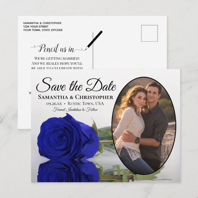 Carte Postale Faire-part Rose Royal Blue Oval Photo Wedding Enregistrer La  (Devant / Derrière)