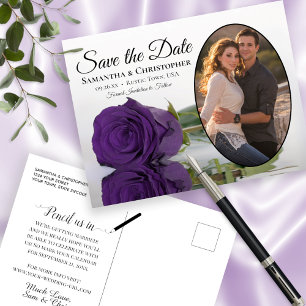 Carte Postale Faire-part Rose Royal Violet Oval Photo Mariage Enregistrer L