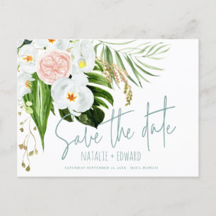 Carte Postale Faire-part Rose, turquoise + orchidée à fleurs tropicales enr