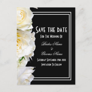 Carte Postale Faire-part Roses blanches sur mariage noir enregistrer la dat