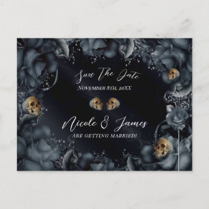 Carte Postale Faire-part Roses Crânes Bleu Gris Fumé Gothique Save The Date
