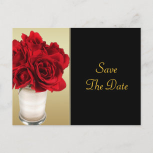 Carte Postale Faire-part Roses et Coeurs rouges, Mariage or et noir