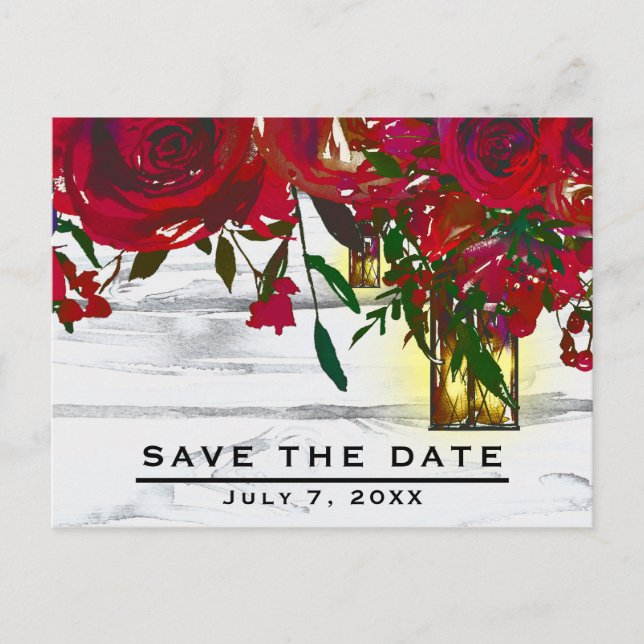 Carte Postale Faire-part Roses et Lanterne romantique rouge Aquarelle Date  (Devant)