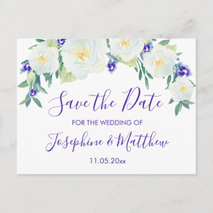 Carte Postale Faire-part Roses et Violets blancs Sauvez la date
