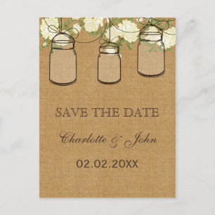 Carte Postale Faire-part Roses ivoire en toile de jute rustique pots mason
