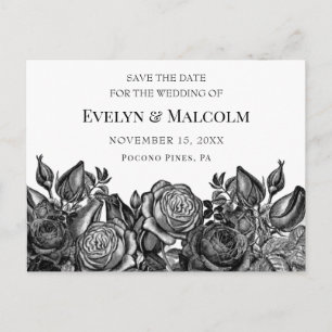 Carte Postale Faire-part Roses noires sur blanc STD Save the Date