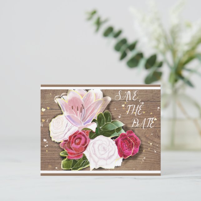 Carte Postale Faire-part Roses Rouges et Blanches Shabby-Chic (Debout devant)