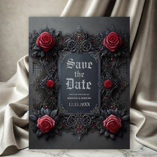 Carte Postale Faire-part Roses rouges gothiques sur gris Enregistrer la dat