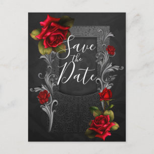 Carte Postale Faire-part Roses Rouges Ornementaux Mariage Gothique Save the