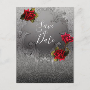 Carte Postale Faire-part Roses Rouges Vintage Ornementales Argentées Enregi