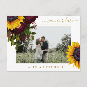 Carte Postale Faire-part Roses tournesol écriture rustique date de mariage 
