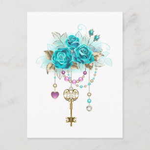 Carte Postale Faire-part Roses turquoise avec touches