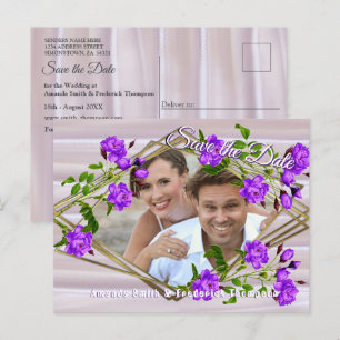 Carte Postale Faire-part Roses violet-pourpre sur soie rose