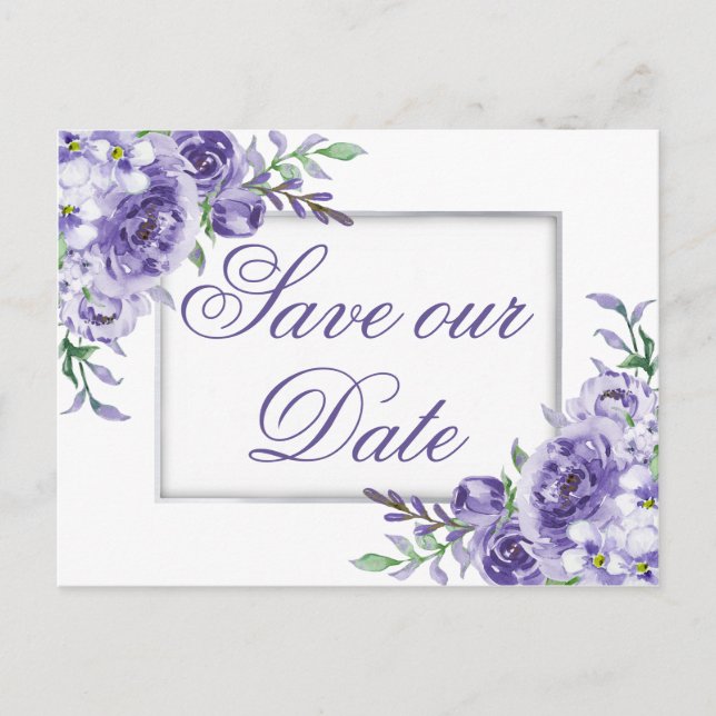 Carte Postale Faire-part Roses Violettes | Élégant Enregistrer la Date Aqua (Devant)