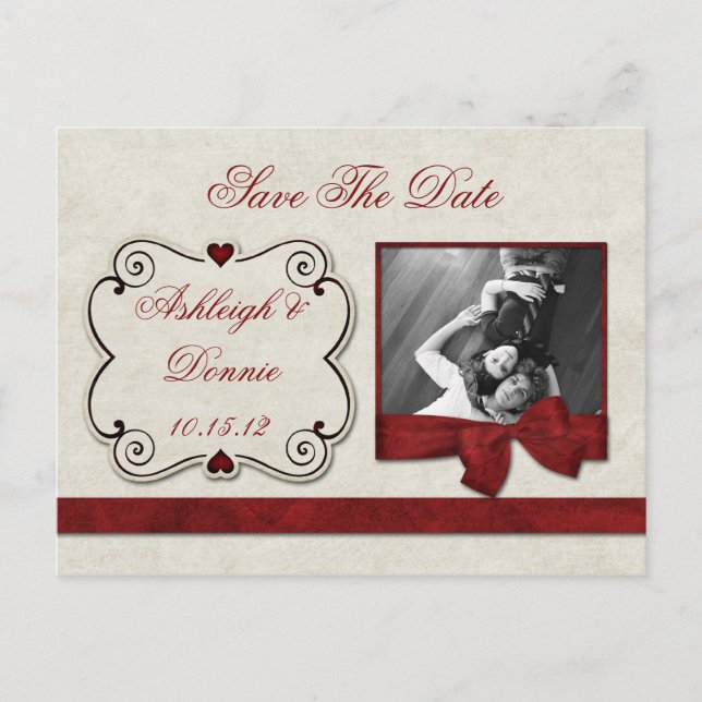 Carte Postale Faire-part Rouge coeurs parchemin ruban photo enregistrer la  (Devant)