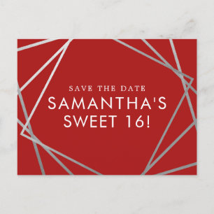 Carte Postale Faire-part Rouge et argent Moderne Sweet 16 Enregistrer la da