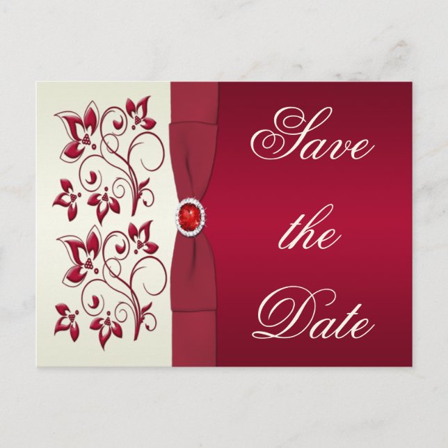 Carte Postale Faire-part Rouge et ivoire Floral Sauvegarder la date (Devant)