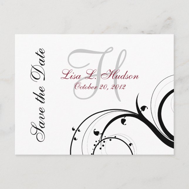 Carte Postale Faire-part Rouge, Gris, Black Swirls Enregistrer la date Cart (Devant)