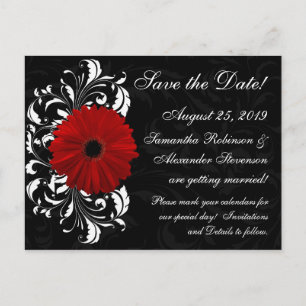 Carte Postale Faire-part Rouge+Noir+Blanc Gerbera Daisy Enregistrer la date