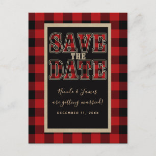 Carte Postale Faire-part Rouge rustique Épargne à la date Plaid de buffle n