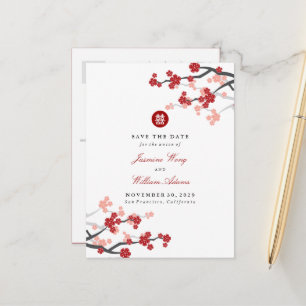 Carte Postale Faire-part Rouge Sakura Double Bonheur Chinois Sauver La Date
