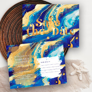 Carte Postale Faire-part Royal Blue and Gold Elegant Wedding Enregistrer la