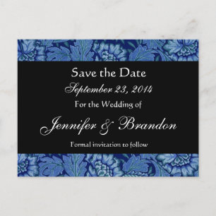 Carte Postale Faire-part Royal Blue et Black Damask Enregistrer la date Car