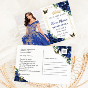 Carte Postale Faire-part Royal Blue Floral Quinceañera Papillons photo