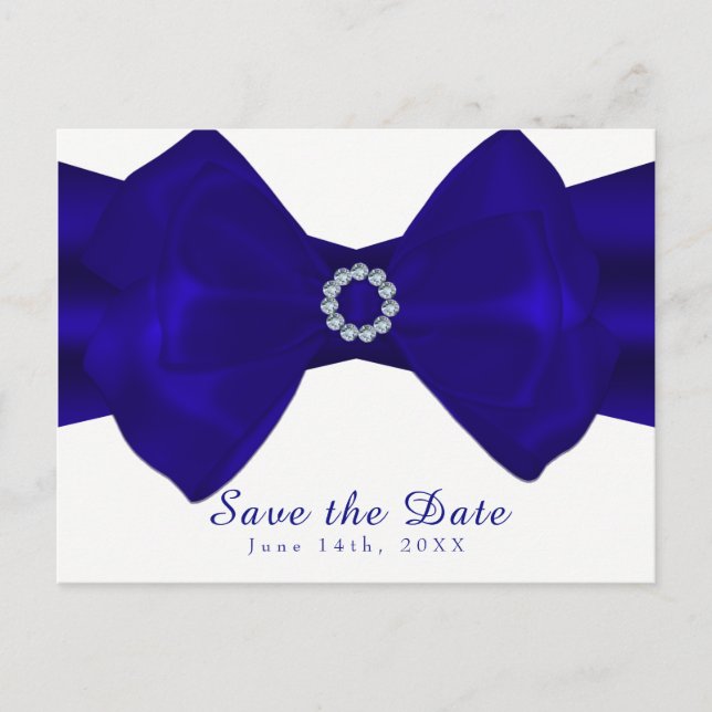 Carte Postale Faire-part Royal Blue Ribbon & Diamonds Enregistrer la date E (Devant)
