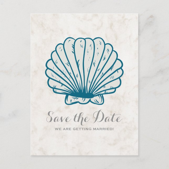Carte Postale Faire-part Royal Blue Rustic Seashell Enregistrer la date Car (Devant)