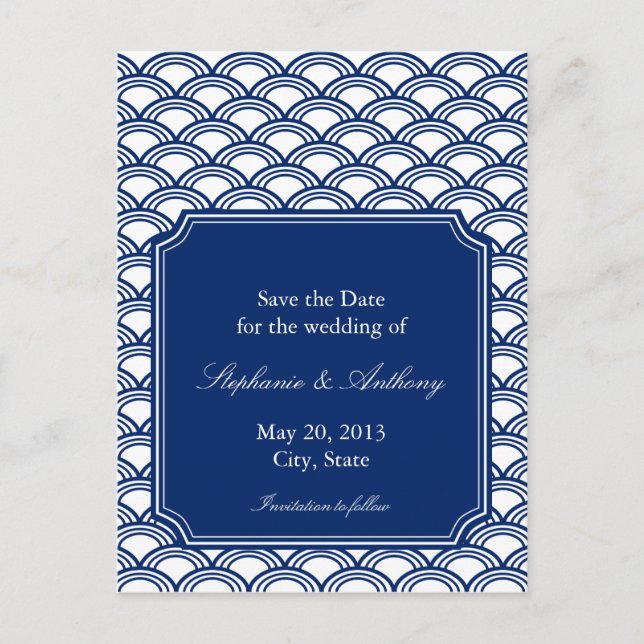 Carte Postale Faire-part Royal Blue Seigaiha Motif mariage Enregistrer la d (Devant)