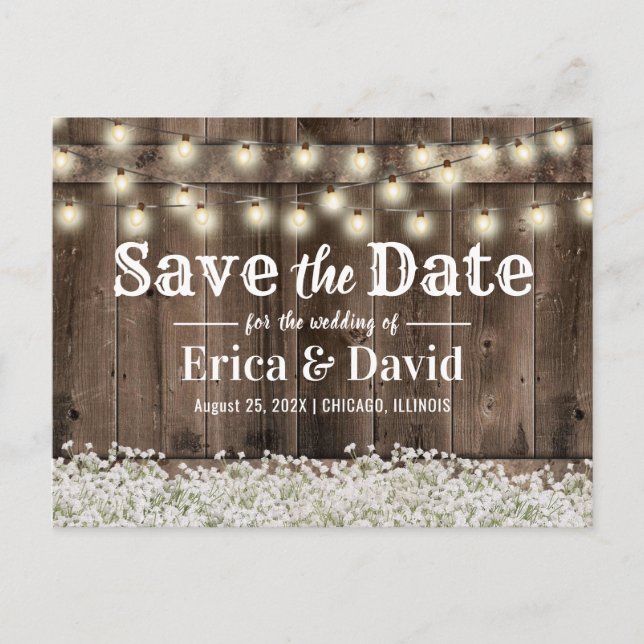 Carte Postale Faire-part Rustic Baby's Breath String Lights Enregistrer la  (Devant)