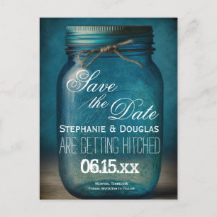Carte Postale Faire-part Rustic Blue Mason Jar Enregistrer le Mariage de da