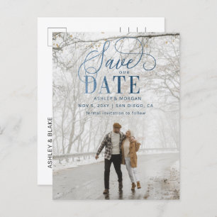 Carte Postale Faire-part Rustic Blue Script Photo Enregistrer la date