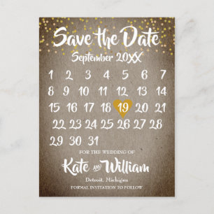 Carte Postale Faire-part Rustic Boho Gold Love Heart Calendrier Enregistrer