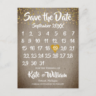 Carte Postale Faire-part Rustic Boho Gold Love Heart Calendrier Enregistrer