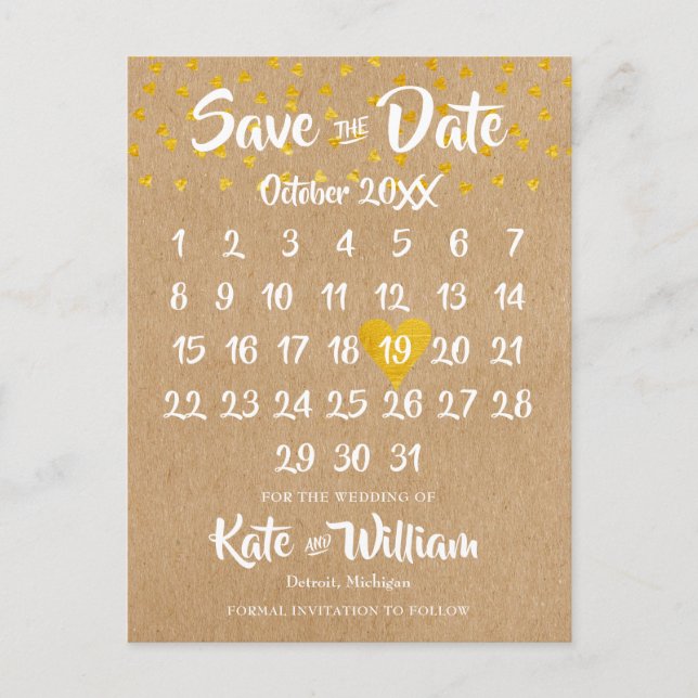 Carte Postale Faire-part Rustic Boho Heart Calendar Photo Enregistrer la da (Devant)